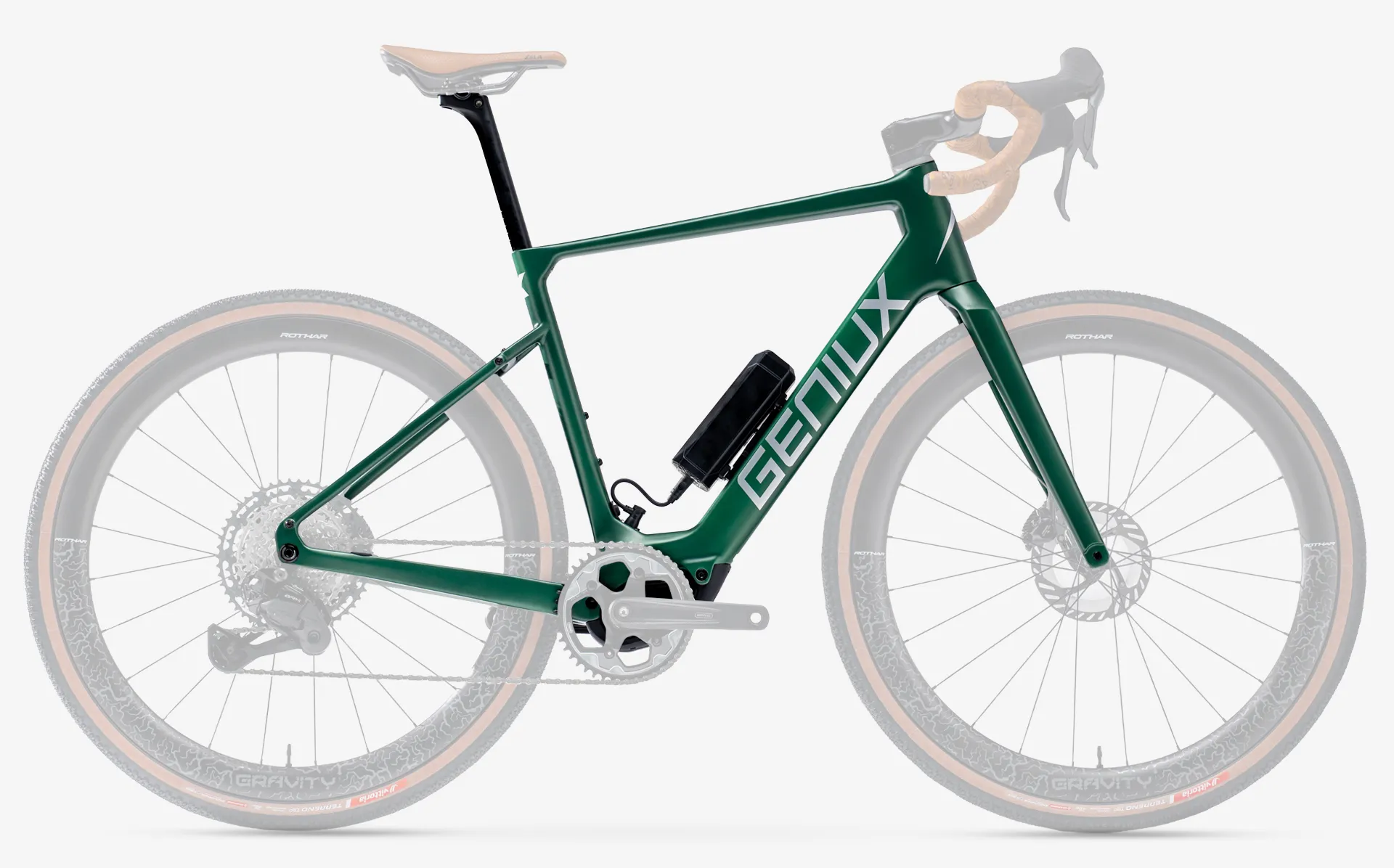 Cuadro e-gravel de carbono Geniux Silver Fox Framekit en vista lateral con guiado de cables interno